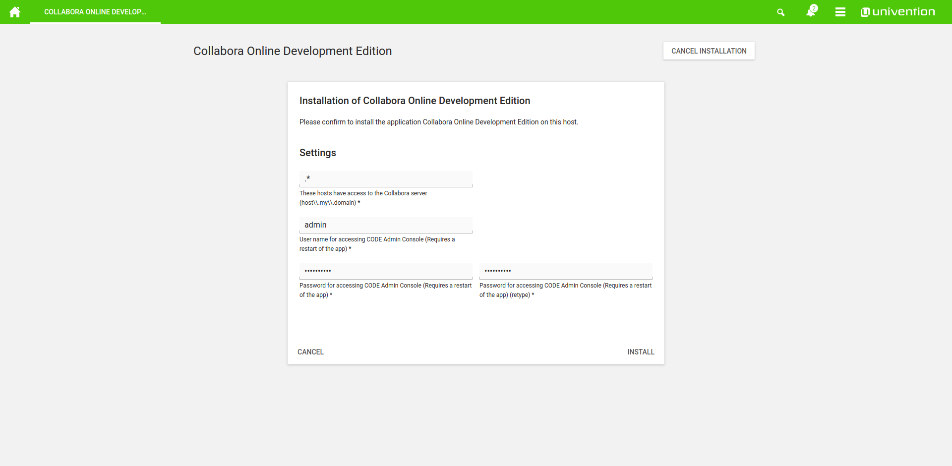 ownCloud Collabora installation settings